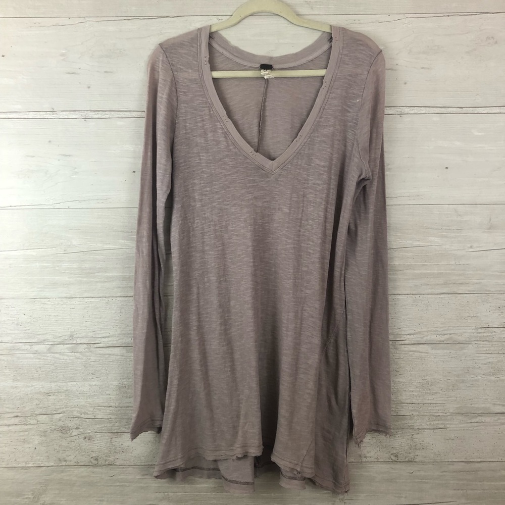 We The Free Grey Long Sleeve Sheer V-Neck Tunic